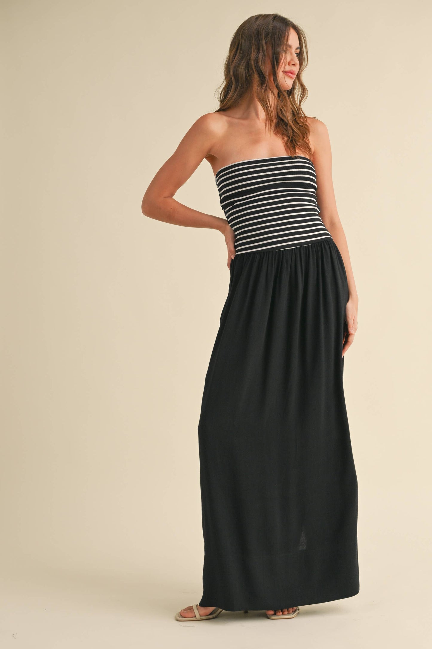 STRIPE RIBBED TOP WITH LINEN DRESS