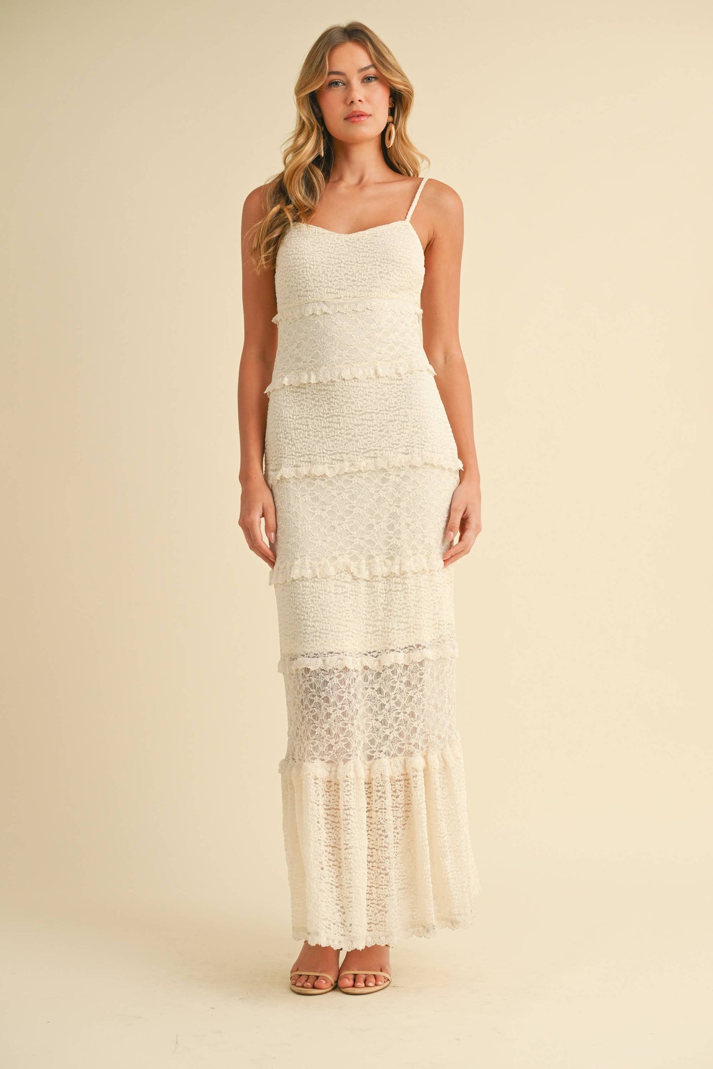 ID8566  TIERED RUFFLED LACE MAXI DRESS WITH PARTIAL LINING