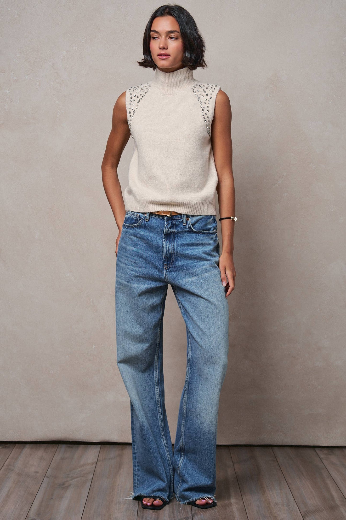 Crystal Embellished Sleeveless Mock Neck Knit Top