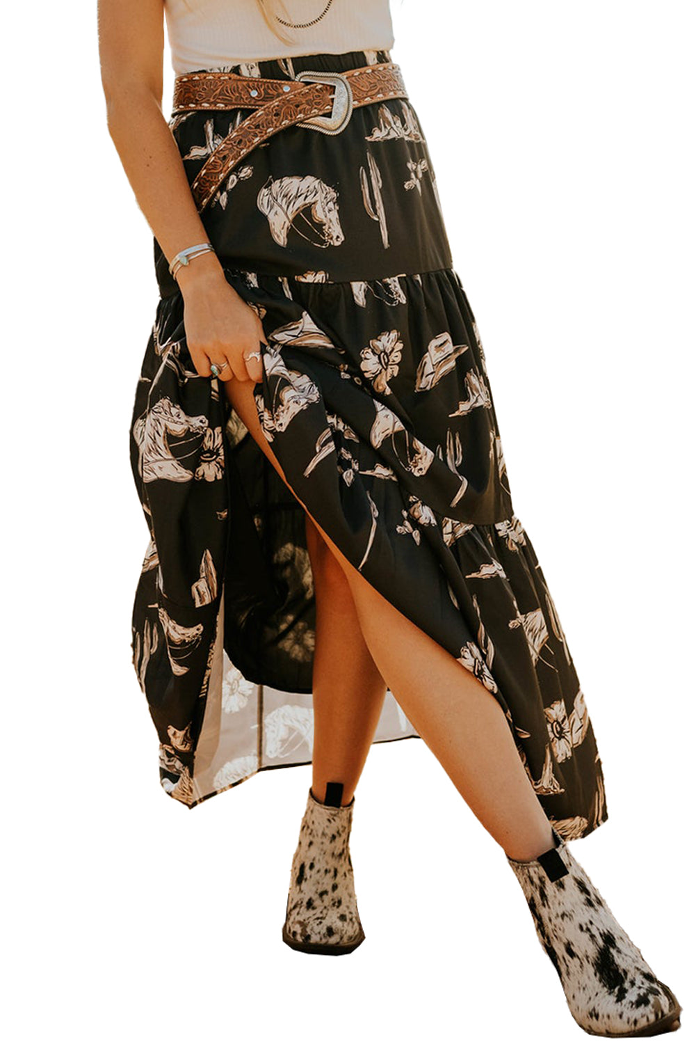 Black Elastic Waist Tiered Maxi Skirt