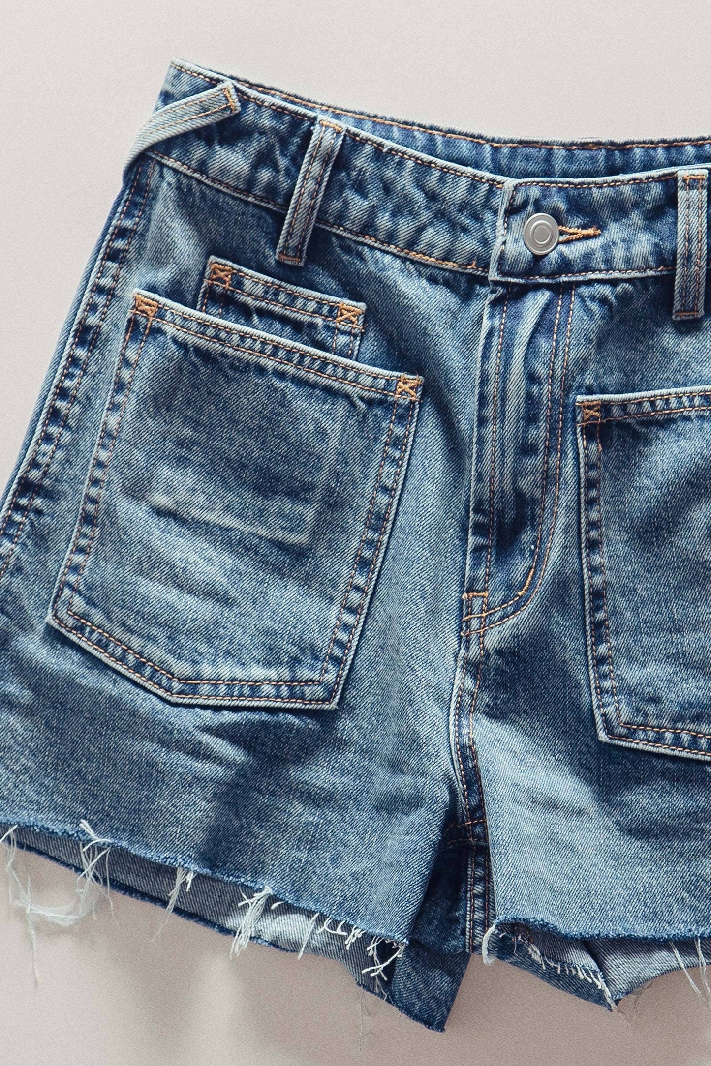 High Rise Patch Pocket Raw Hem Denim Shorts