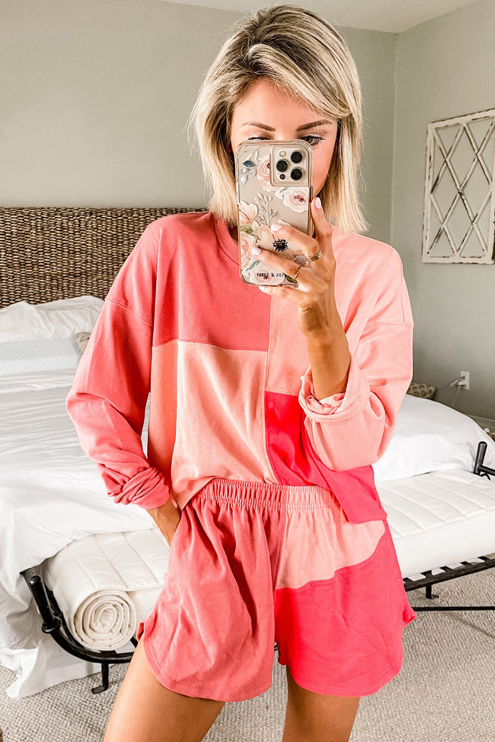 Peach Blossom Colorblock Long Sleeve Top & Pocketed Shorts Set