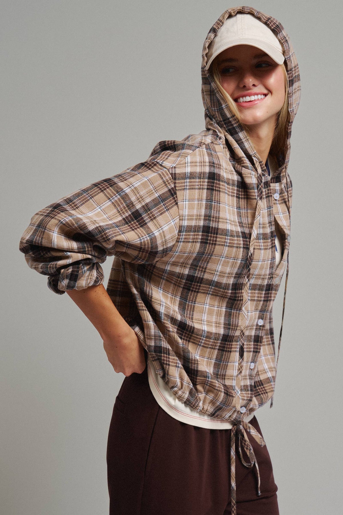 Plaid Flannel Hooded Shacket with Drawstring Hem