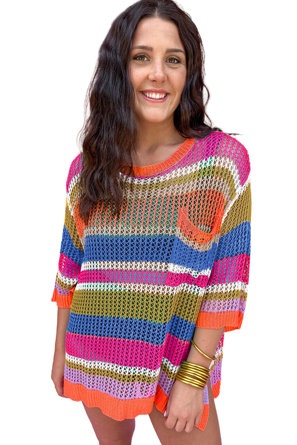 Orange Striped Color Block Hollow Crochet 3/4 Sleeve T Shirt