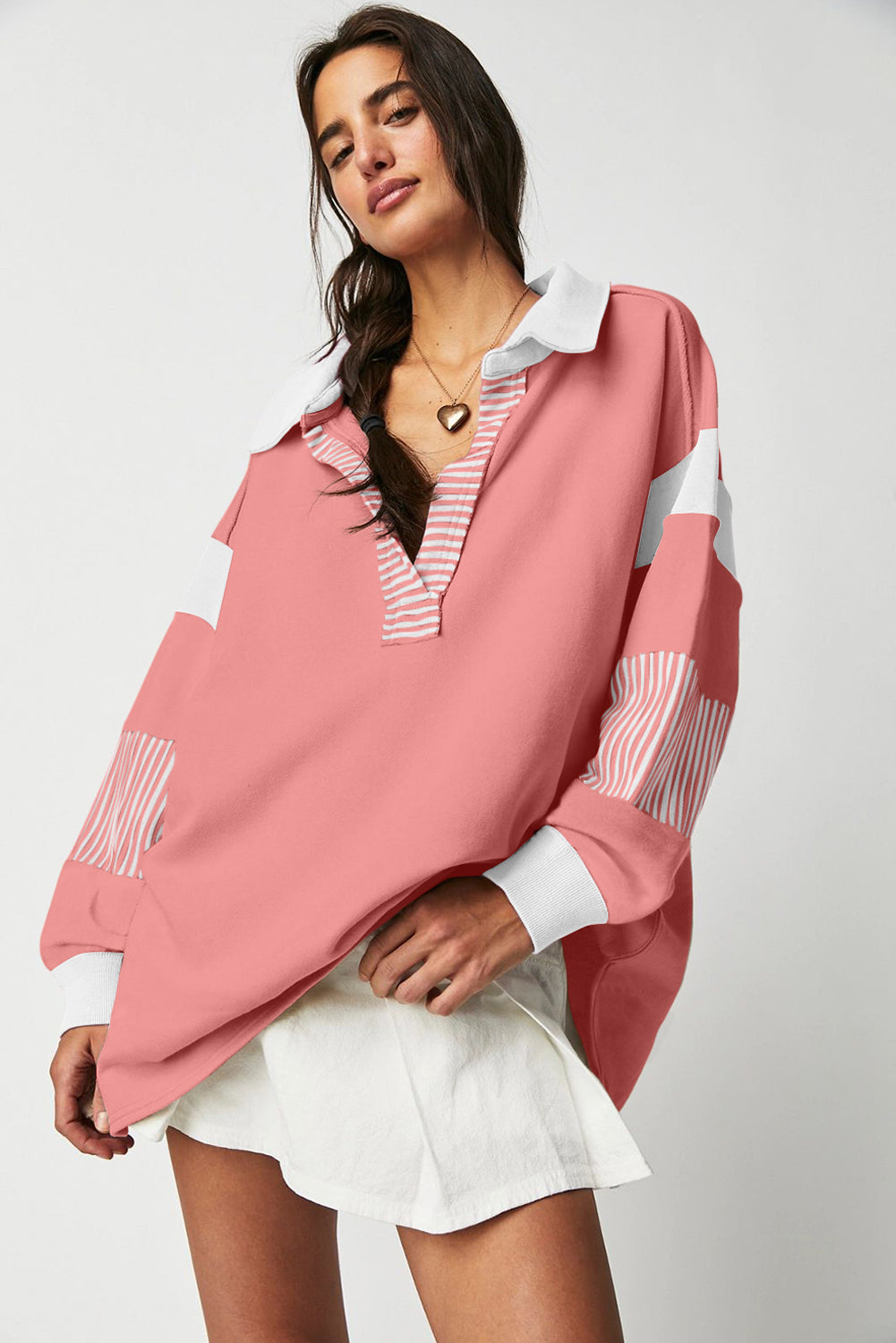 Sail Blue Striped Patchwork Collar Sweatshirt