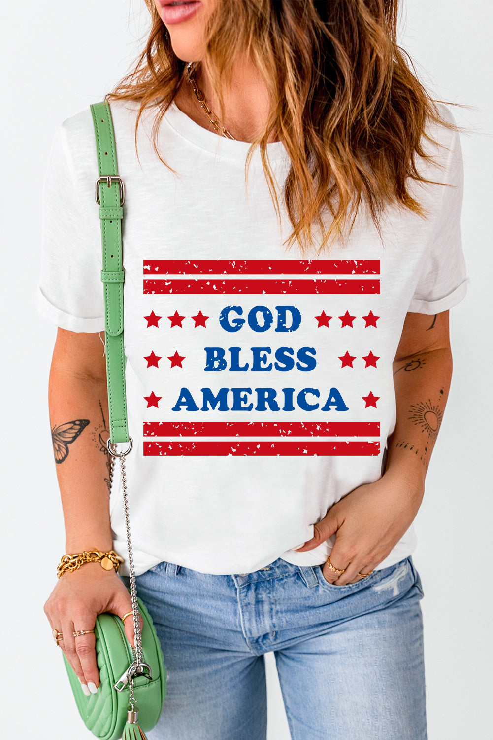 White GOD BLESS AMERICA Star and Stripe Graphic Tee