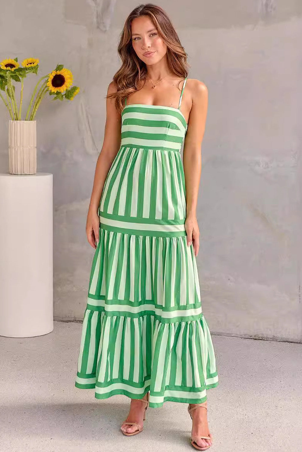 Pink Stripe Print Shirred Backless Pocket Maxi Dress