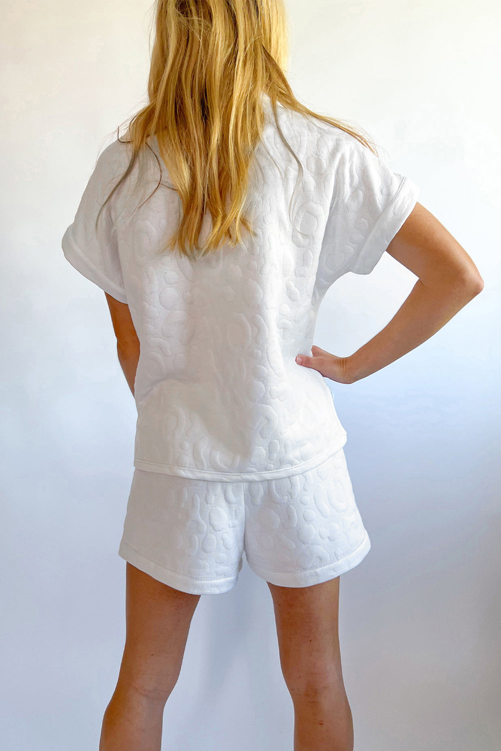 White Plain Leopard Jacquard Quarter-Zip Tee and Shorts Set