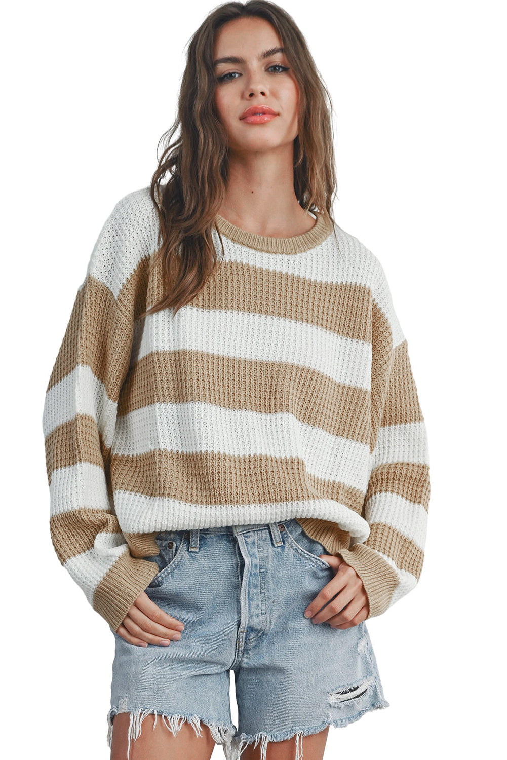 Light French Beige Striped Drop Shoulder Side Slit Sweater