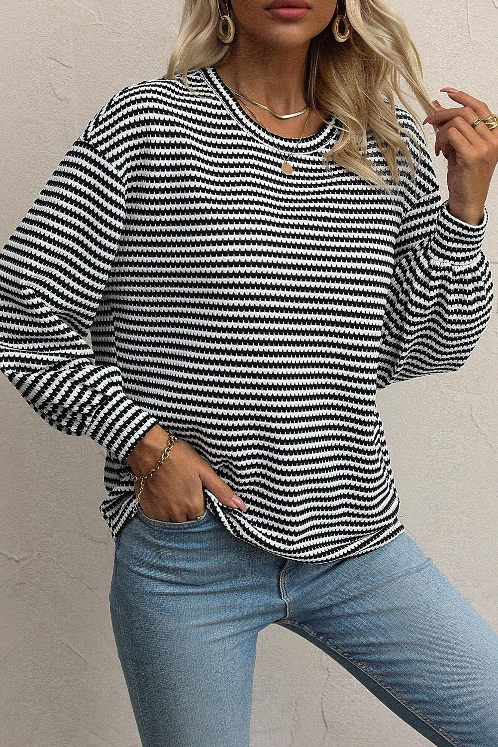 Black Striped Round Neck Drop Shoulder Long Sleeve Top