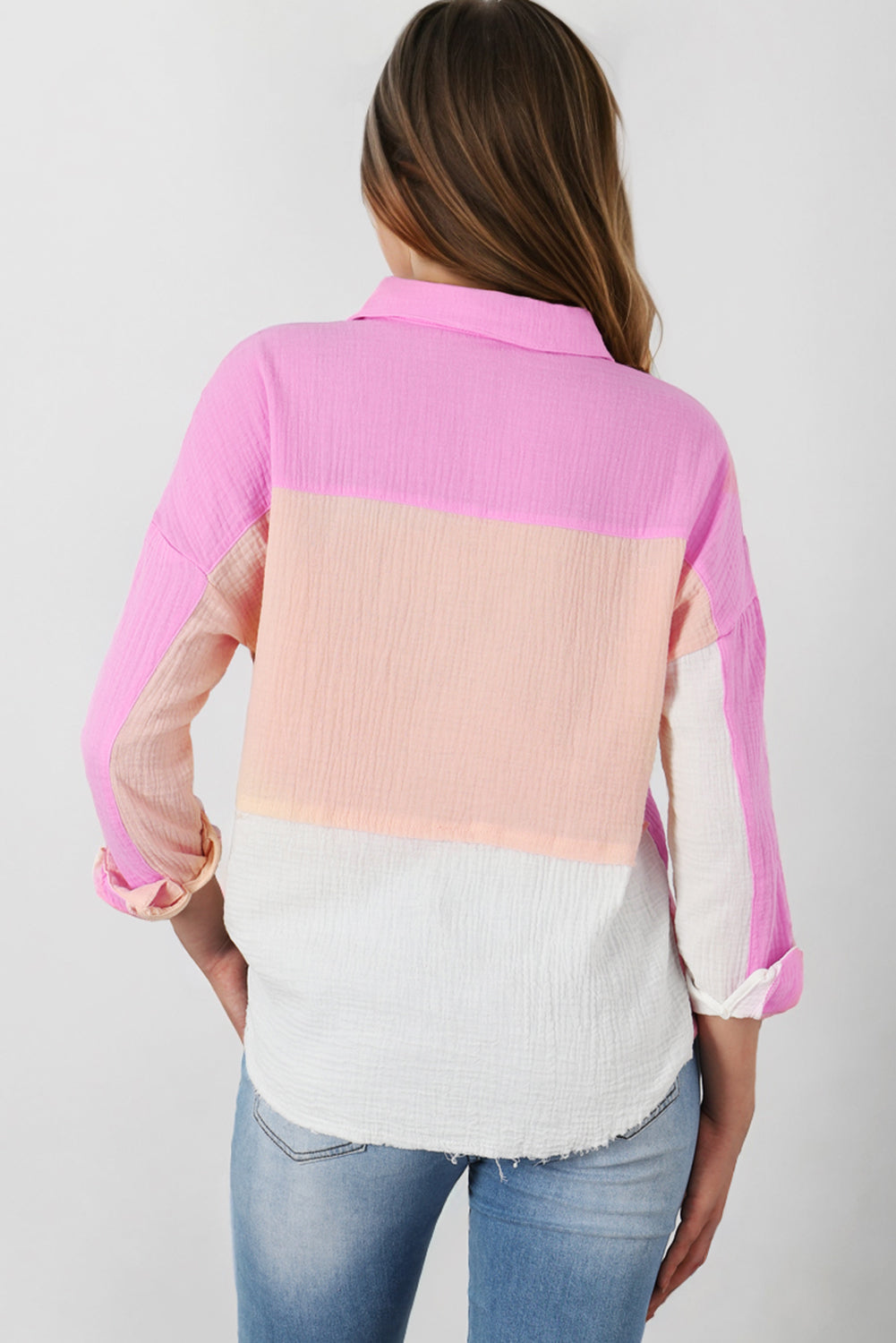 Rose Color Block Buttoned Raw Hem Textured Shirt