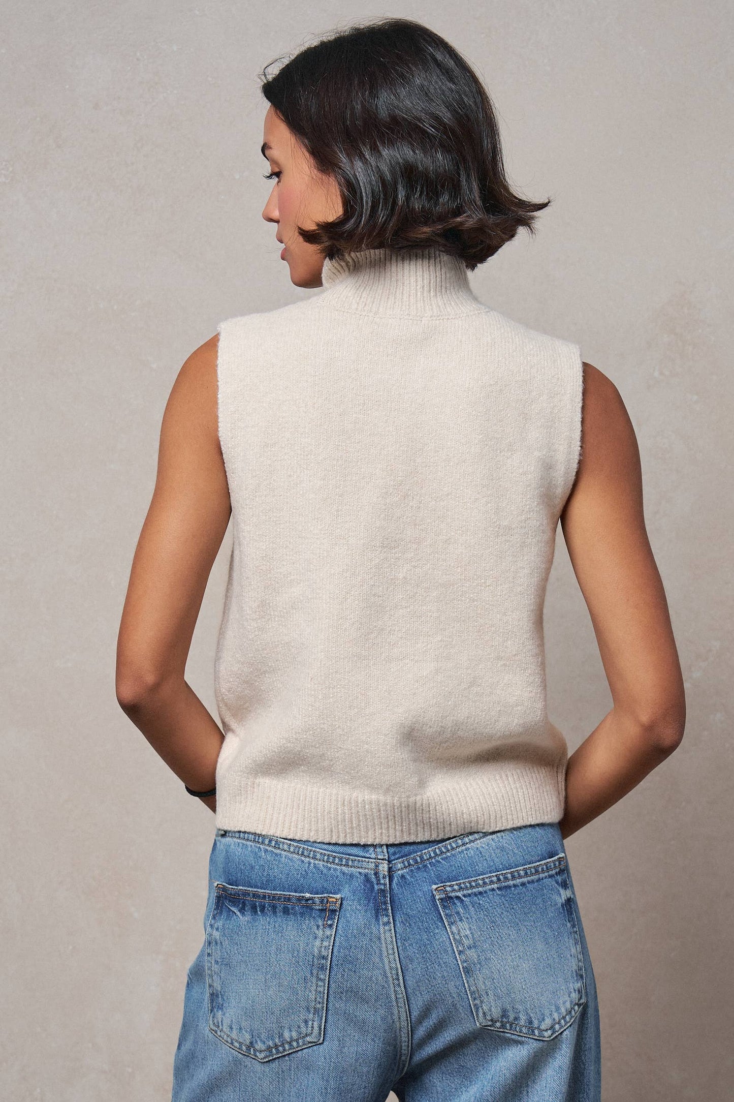 Crystal Embellished Sleeveless Mock Neck Knit Top