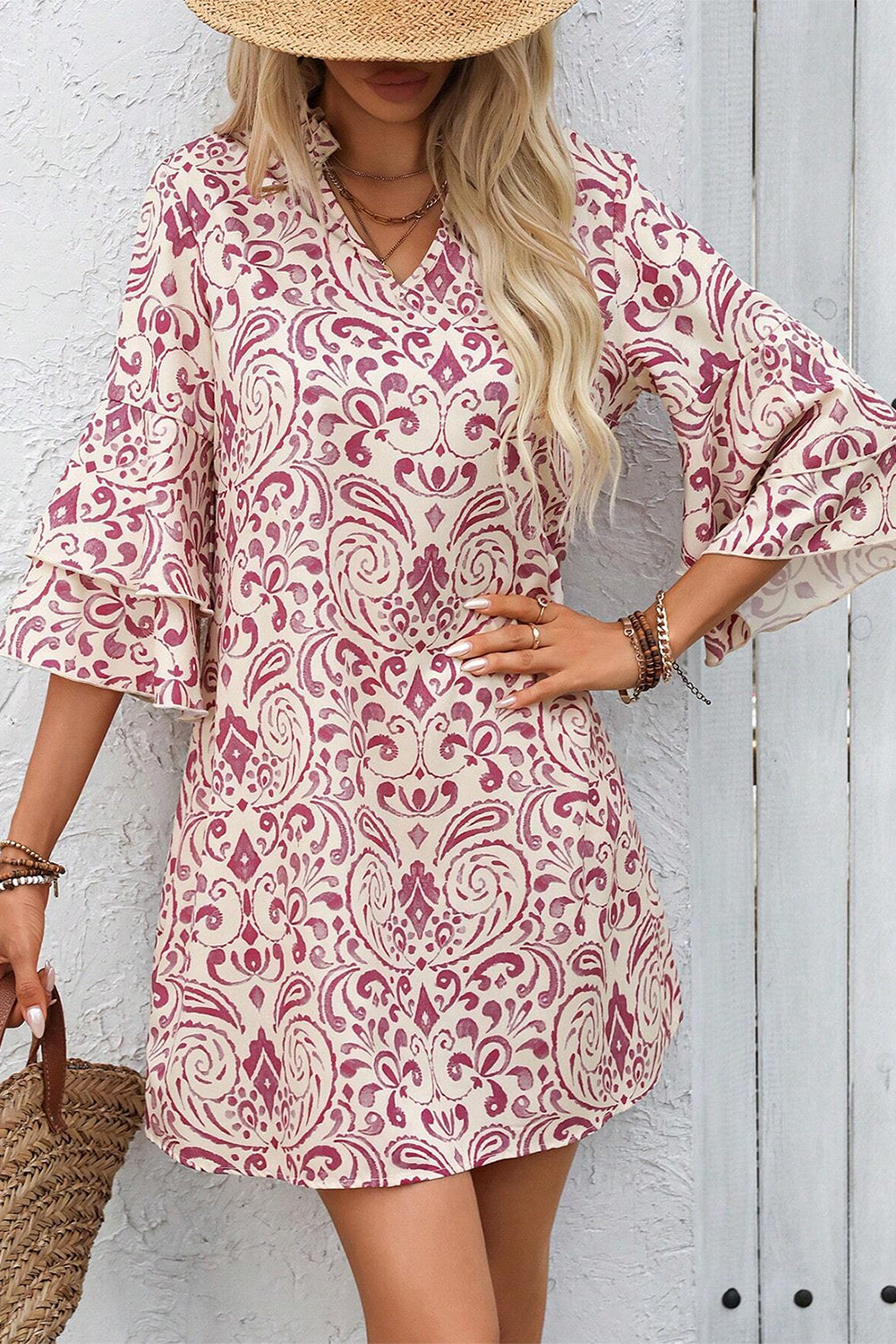 Pink Paisley Print Tiered 3/4 Sleeve Notched Neck Short Dress