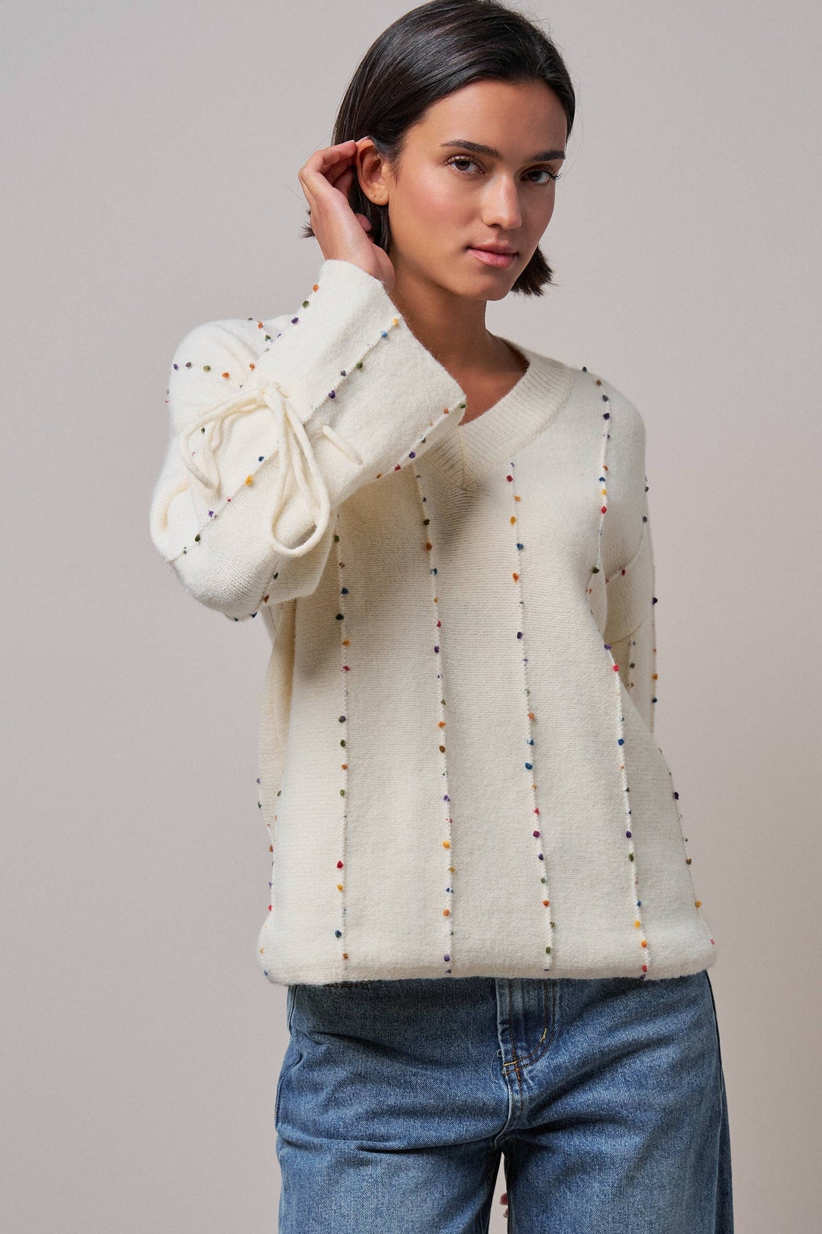 Multicolor Dot Stitch V-Neck Tie Sleeve Sweater
