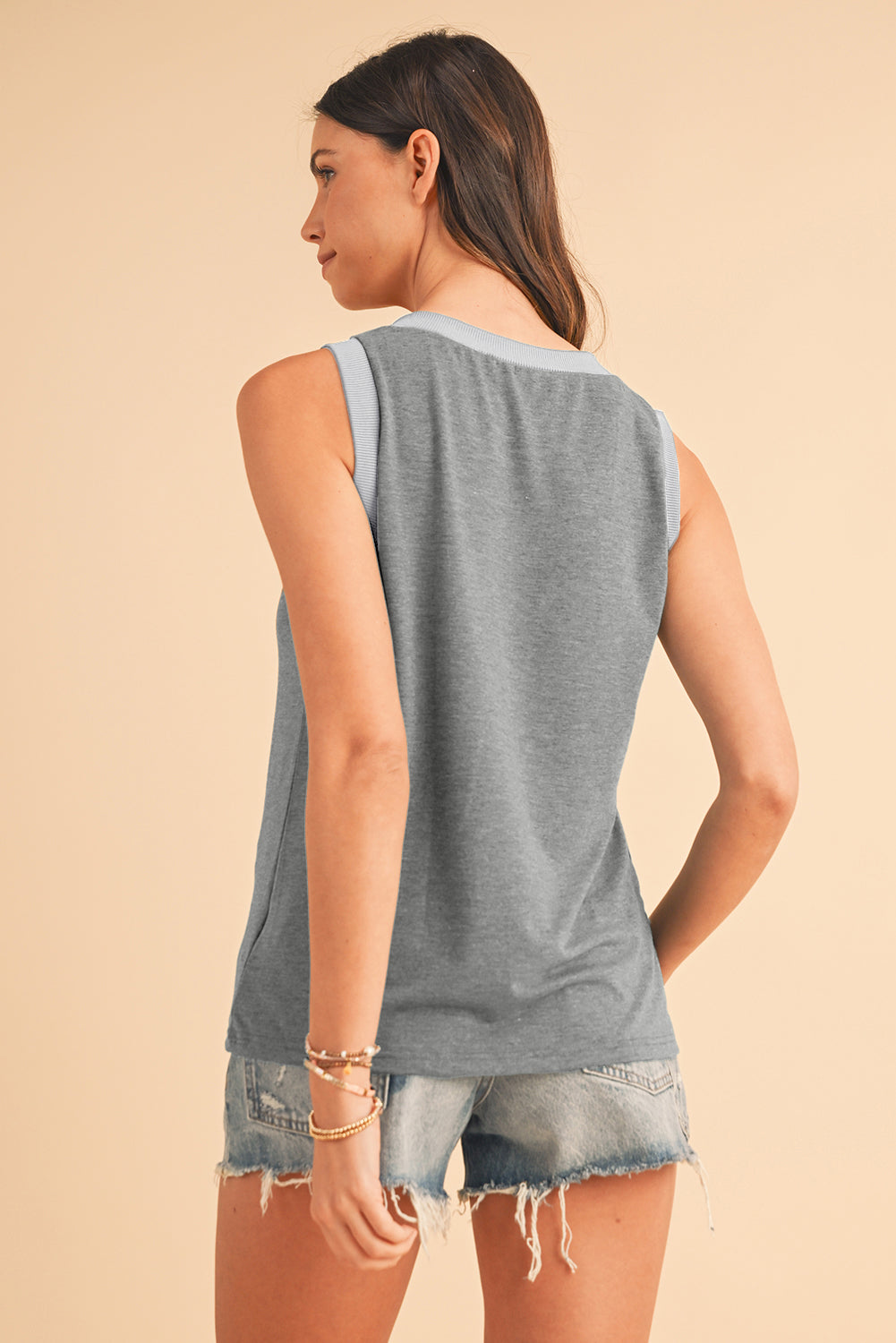 Gray Contrast Trim V-Neck Loose Fit Tank Top