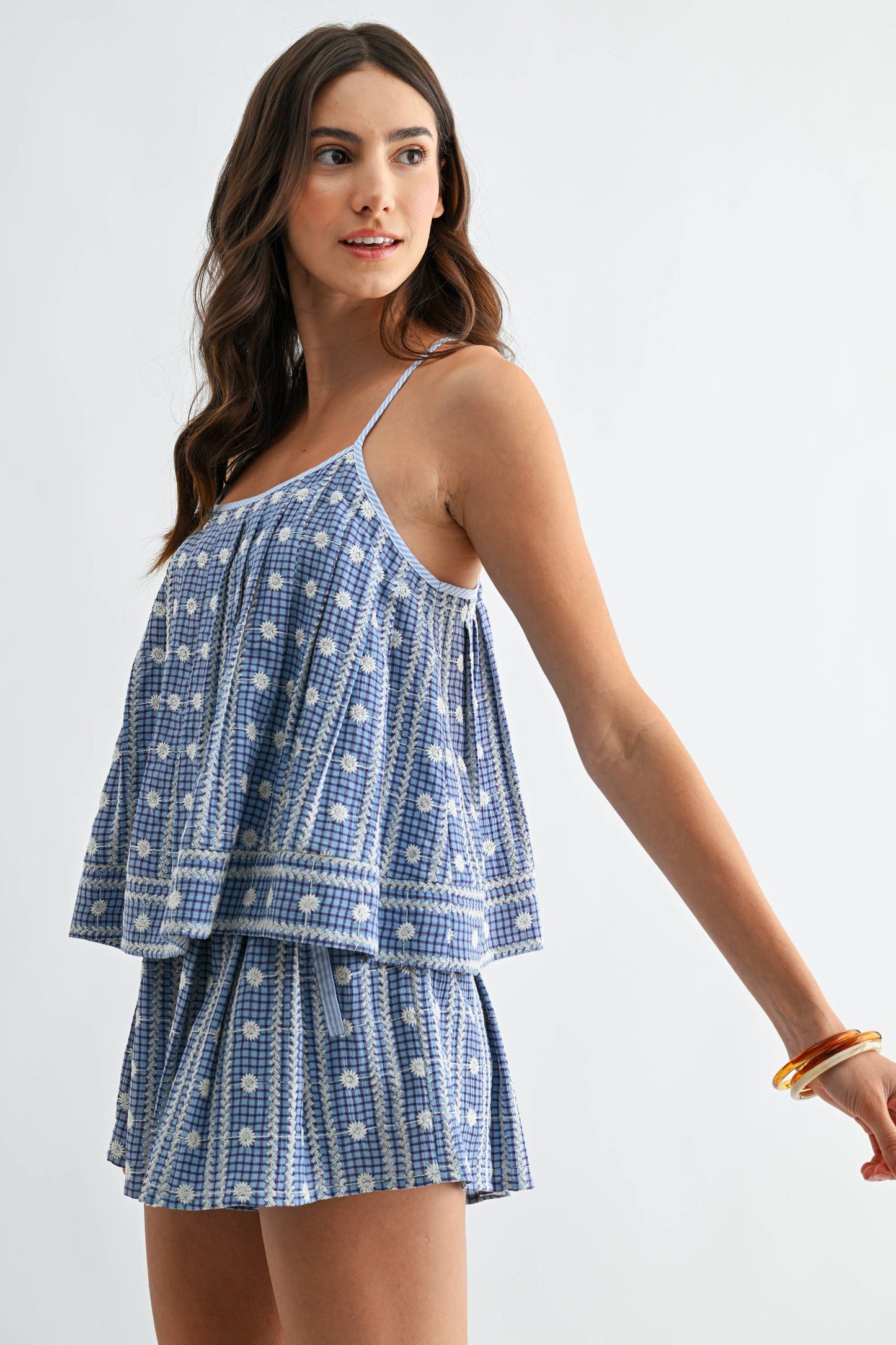 Embroidered Blue Checkered Shorts Set