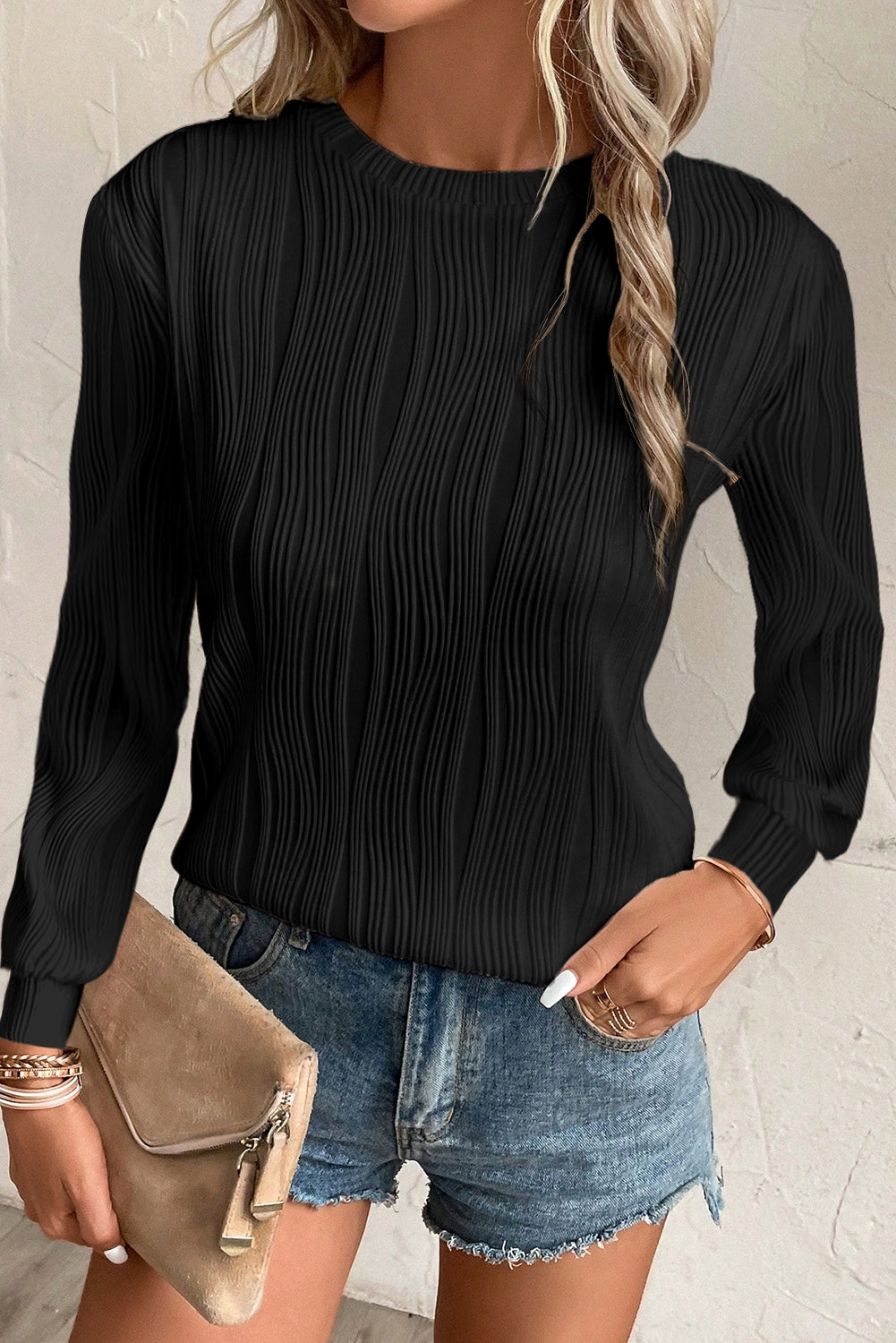 Black Wavy Textured Solid Color Drop Shoulder Pullover Top