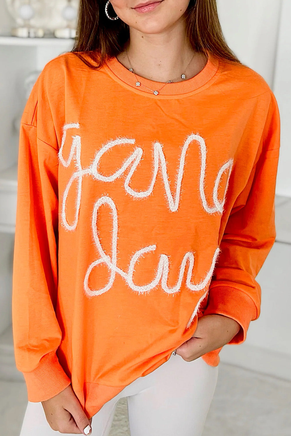 Orange Game Day Contrast Trim Long Sleeve Top