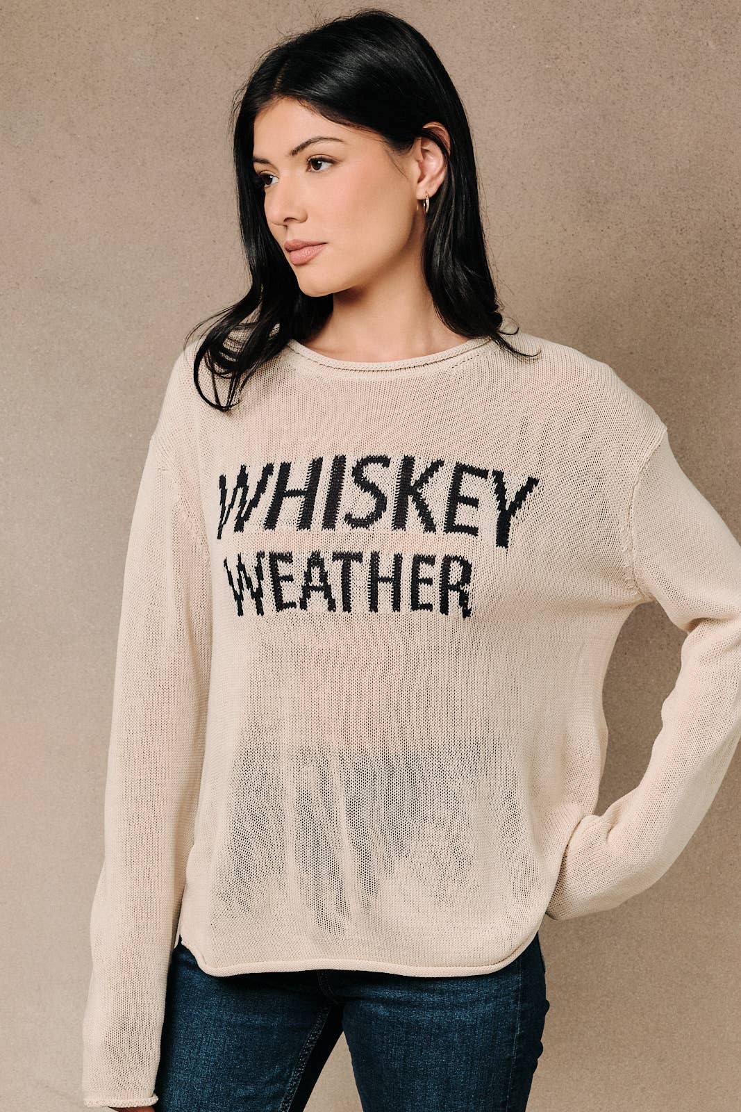 Round Neck Whiskey Weather Graphic Lightweight Knit Sweater