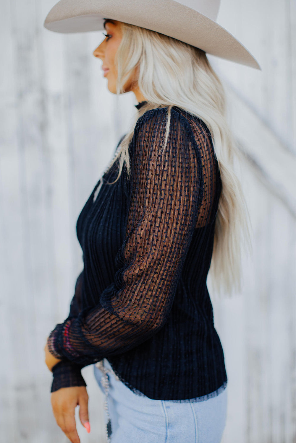 Black Dotty Lace Long Sleeve Mock Neck Sheer Top