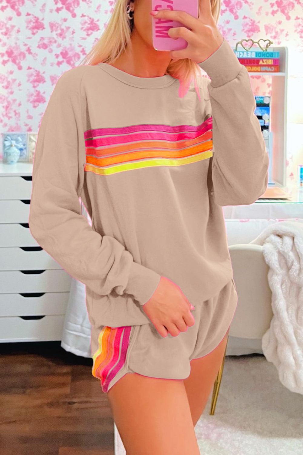 Apricot Colorful Striped Long Sleeve Pullover and Shorts Set