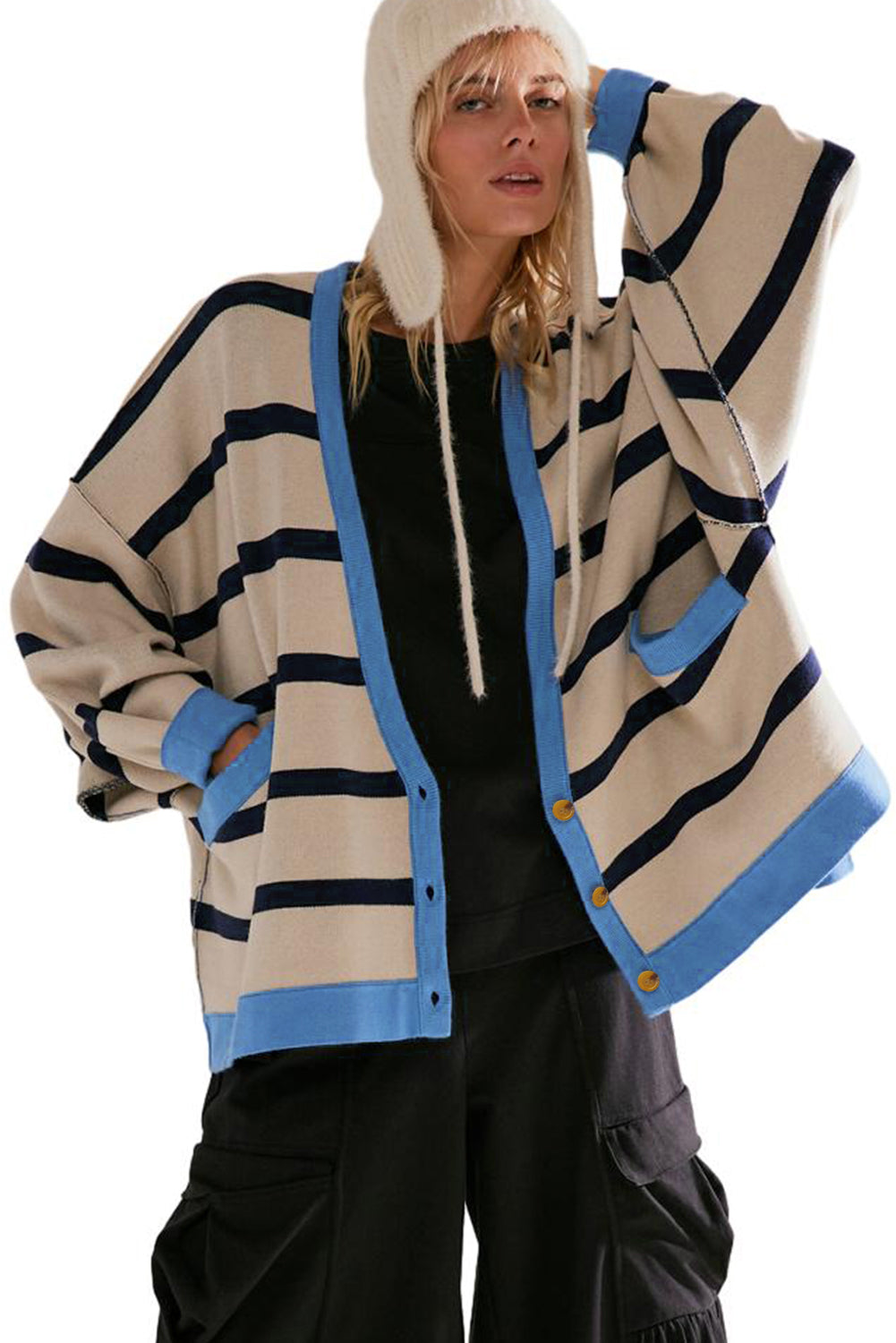 Black Checkered Pattern Drop Shoulder Buttoned Loose Cardigan