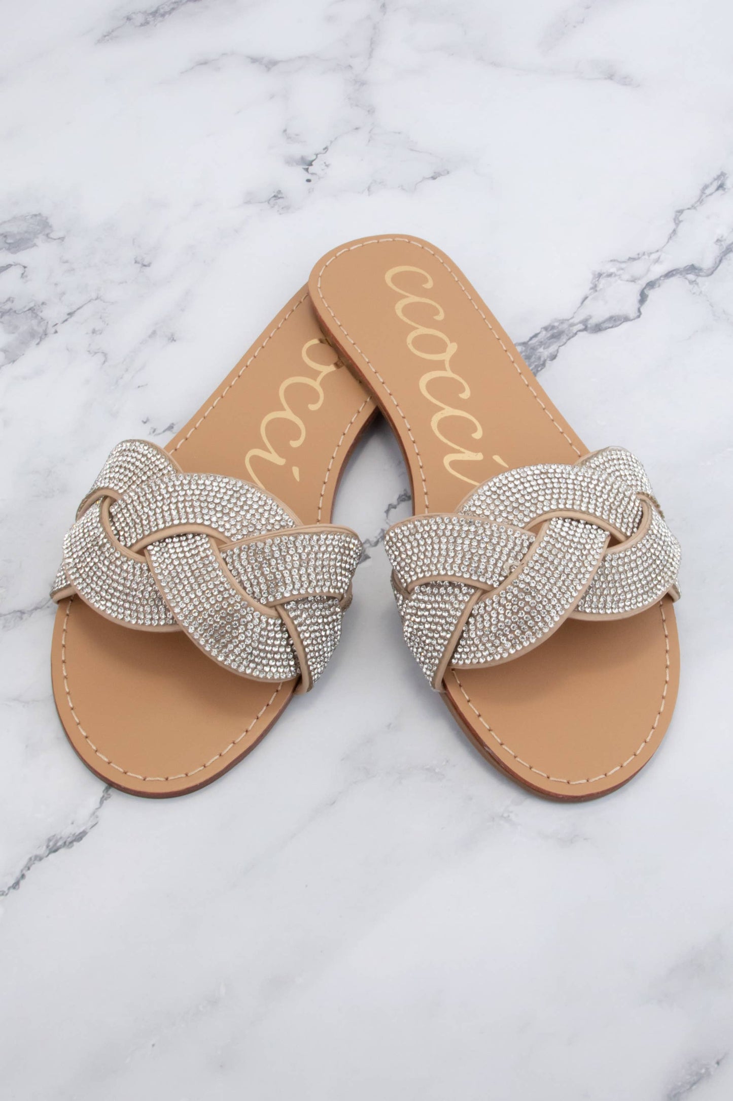 TALIA BEDAZZLED TWISTED BOLD BAND UPPER SLIDE SANDAL