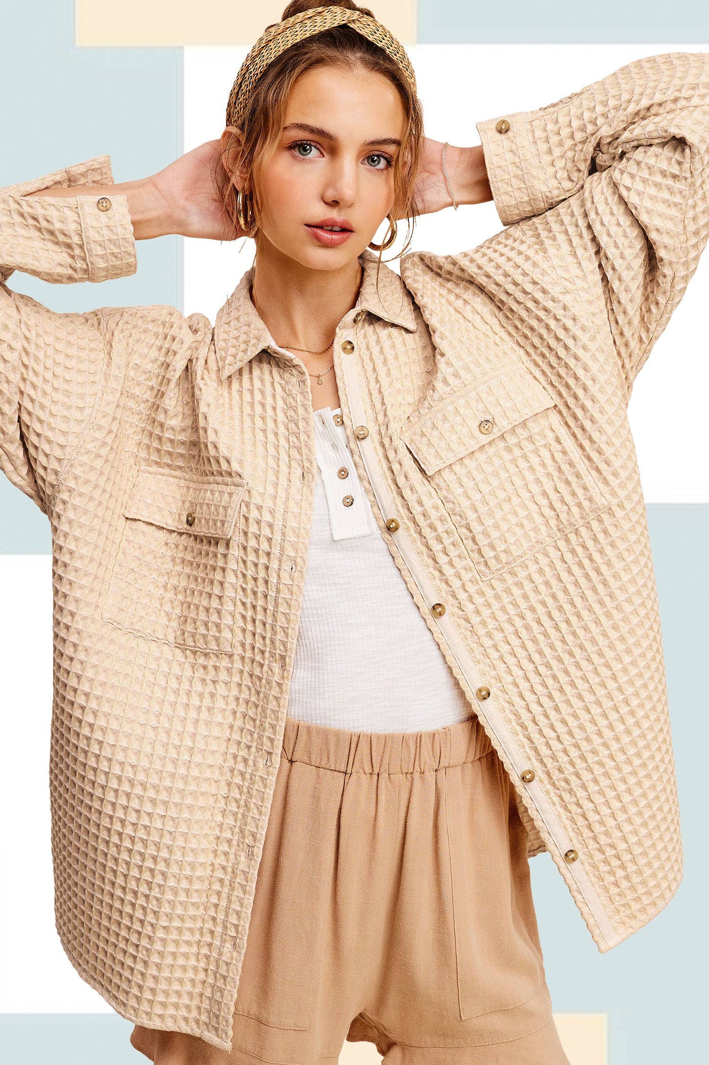 Unique Waffle Textured Oversized Button Down Shacket