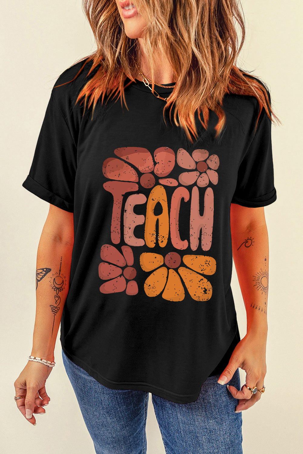 Black TEACH Crew Neck Casual T Shirt