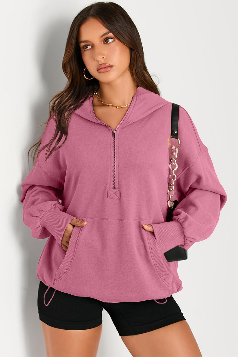 Parchment Kangaroo Pocket Half Zipper Oversized Hoodie