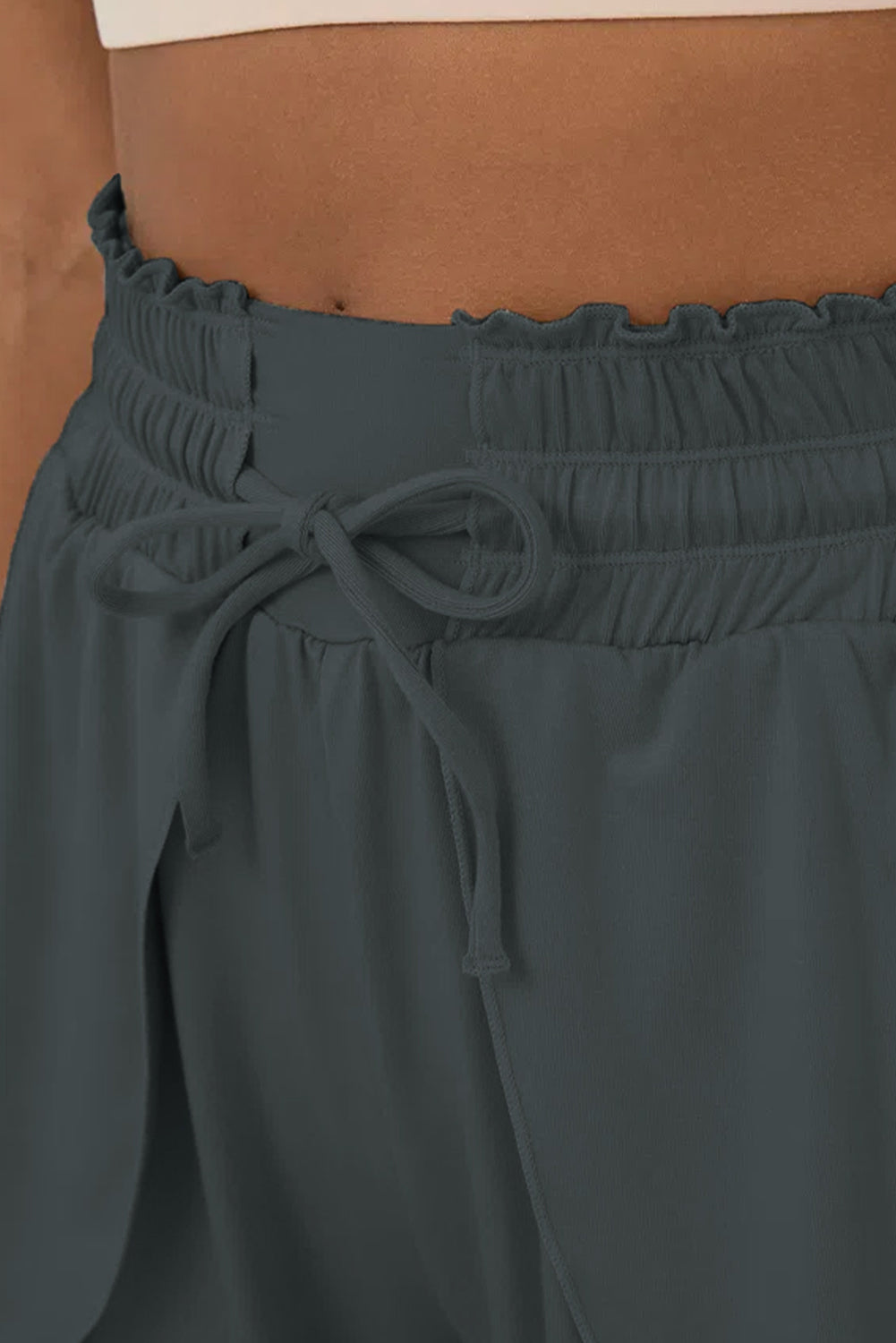 Dark Grey Frill High Waist Petal Wrap Swim Shorts