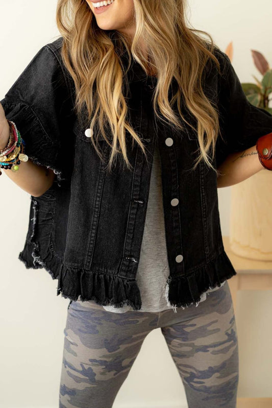 Black Raw Edge Ruffle Short Sleeve Denim Jacket