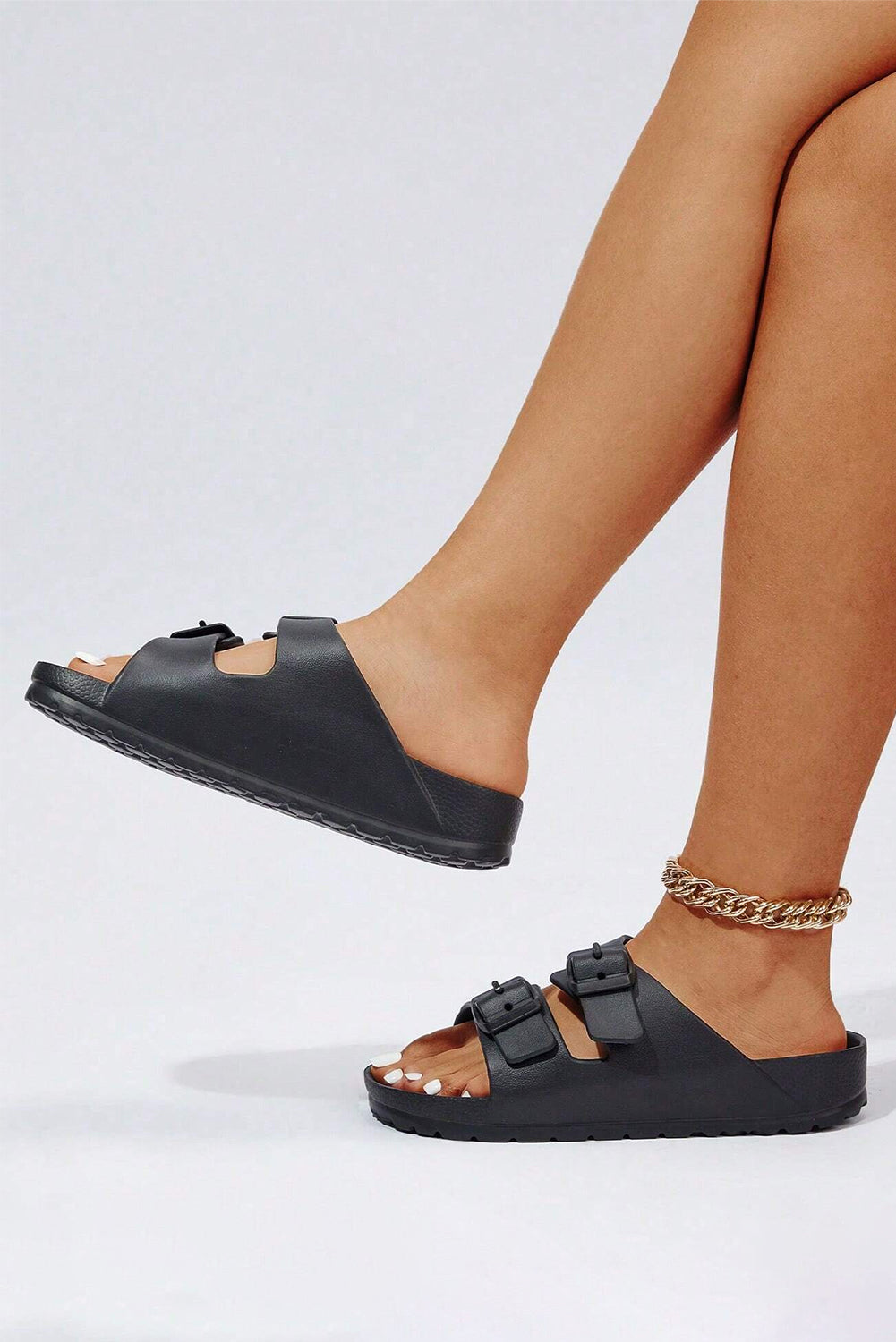 Black Solid Color Buckle Straps Beach Slippers