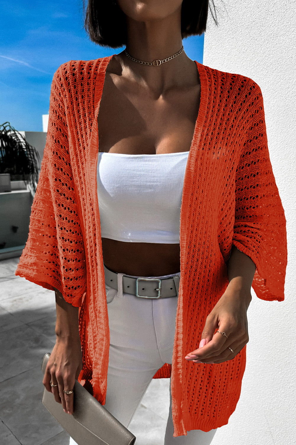 Khaki Hollow-out Bracelet Sleeve Knit Cardigan