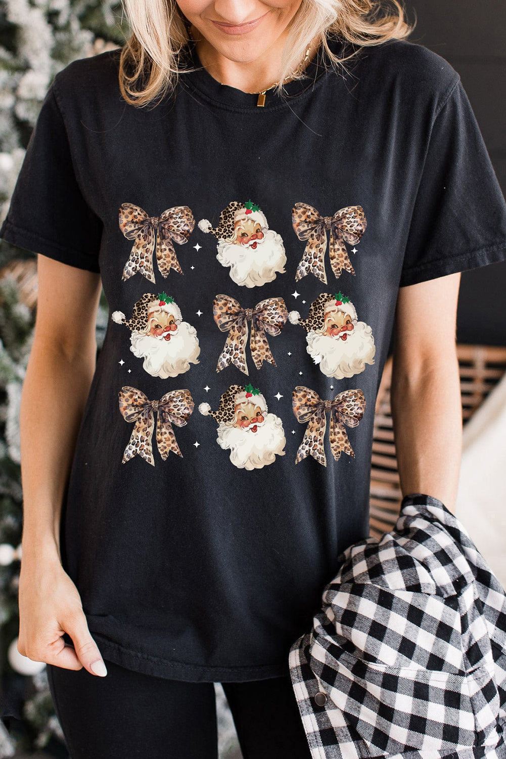 White Santa Claus Leopard Bow Print Crew Neck Graphic T Shirt