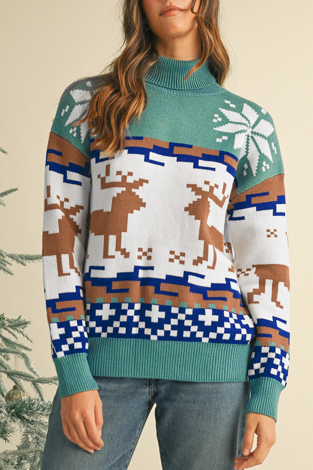 Canton Christmas Reindeer Snowflake Colorblock Turtleneck Sweater