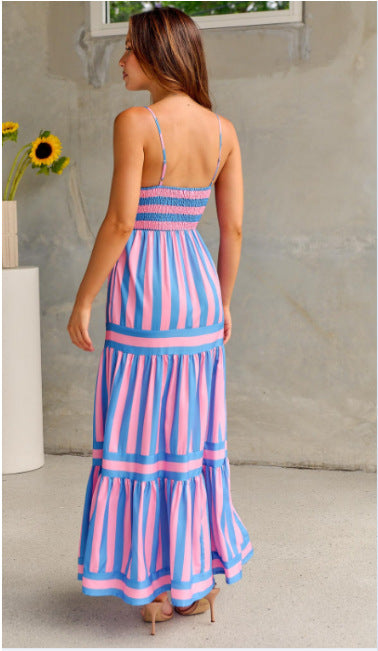 Pink Stripe Print Shirred Backless Pocket Maxi Dress