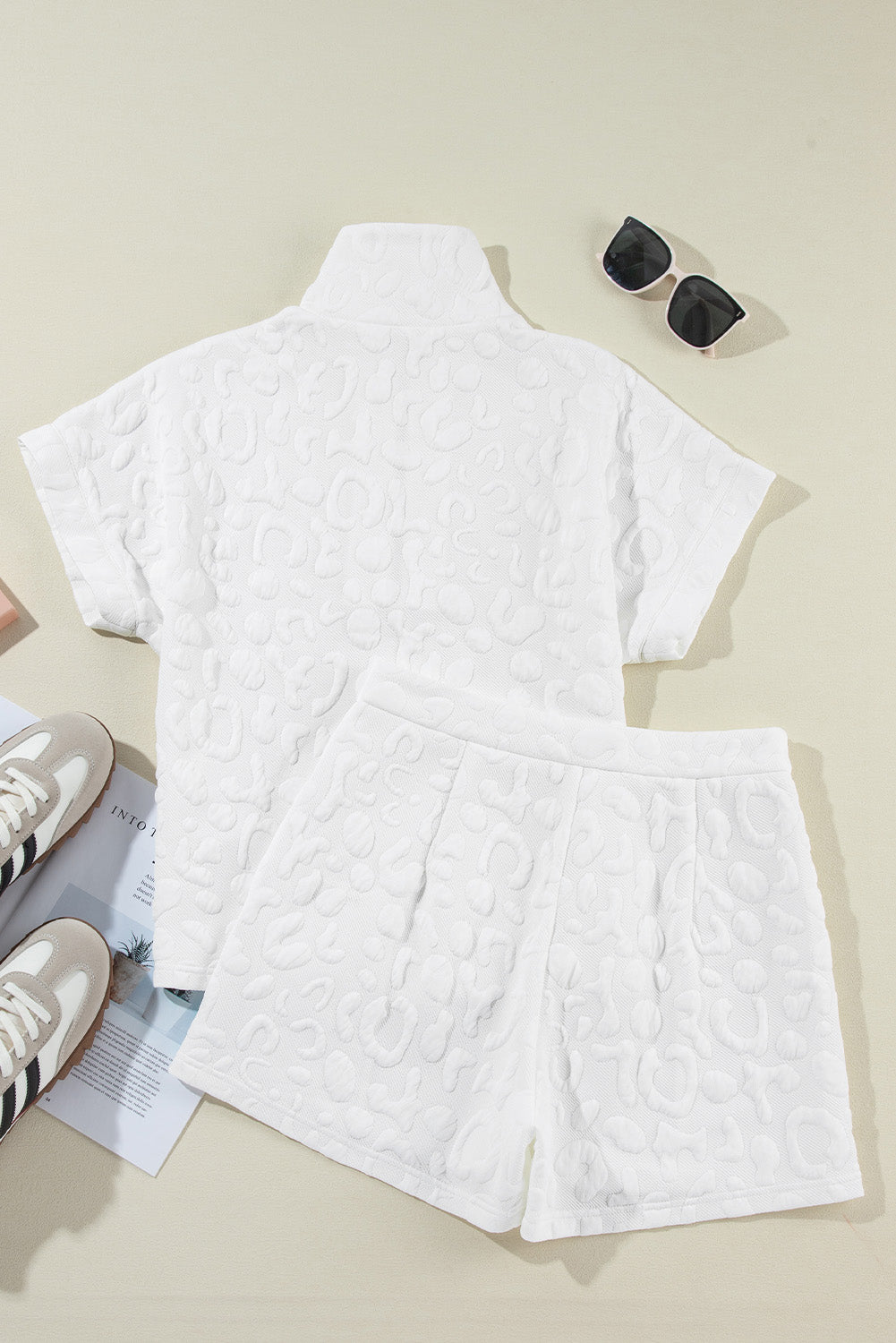 White Plain Leopard Jacquard Quarter-Zip Tee and Shorts Set