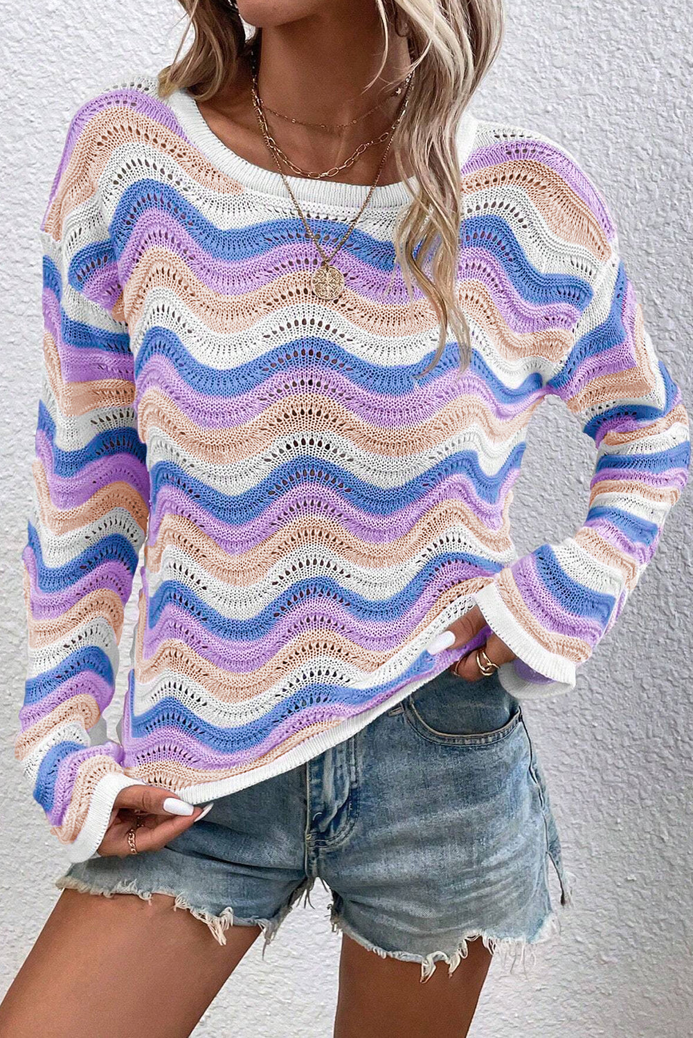 Purple Stripe Wavy Pointelle Knit Drop Shoulder Sweater