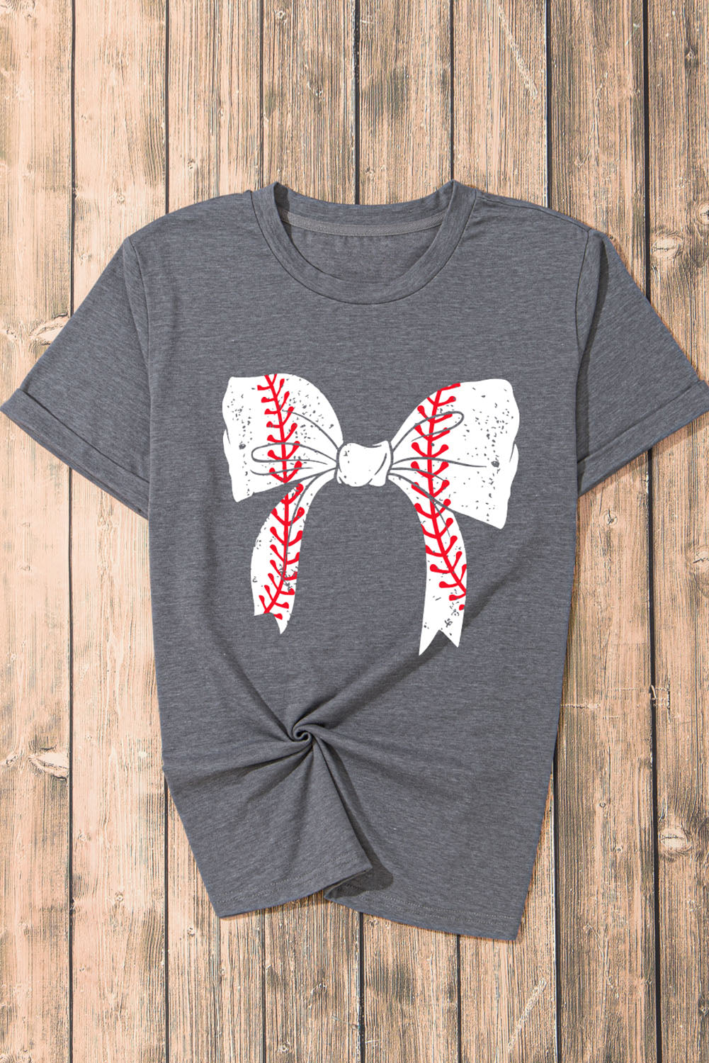 Gray Casual Baseball Bowknot Graphic Roll Up Sleeve Tee