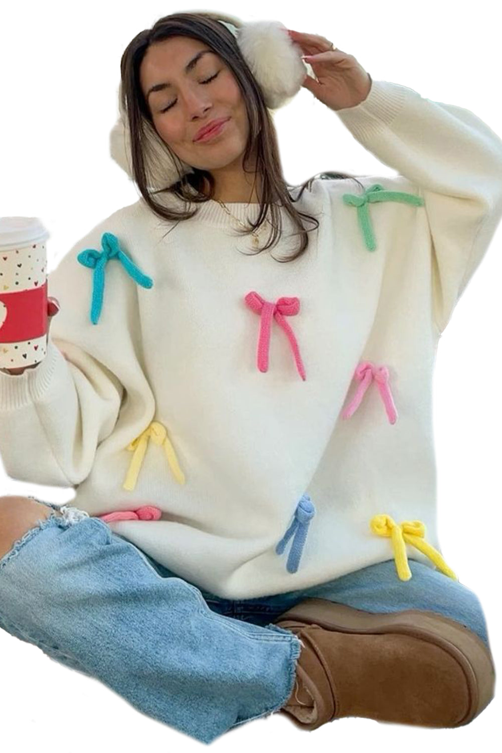 Beige Colorful Bowknot Crewneck Knit Sweater