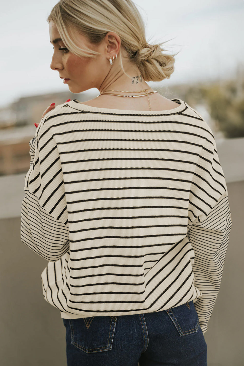 Black Patchwork Striped Loose Long Sleeve Tee