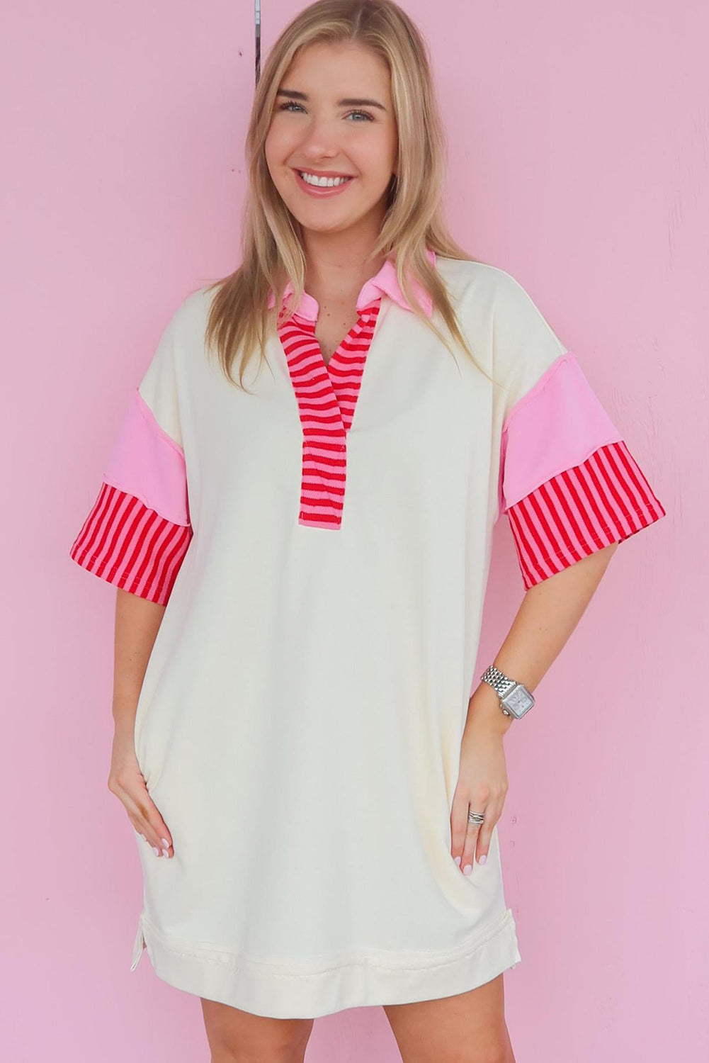 White Stripe Colorblock Sleeve Collared Mini Dress