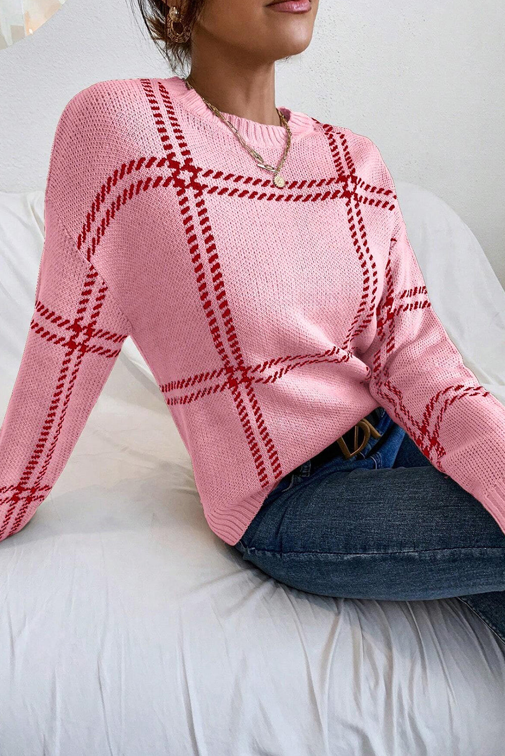 Khaki Plaid Pattern Knitted Drop Shoulder Sweater