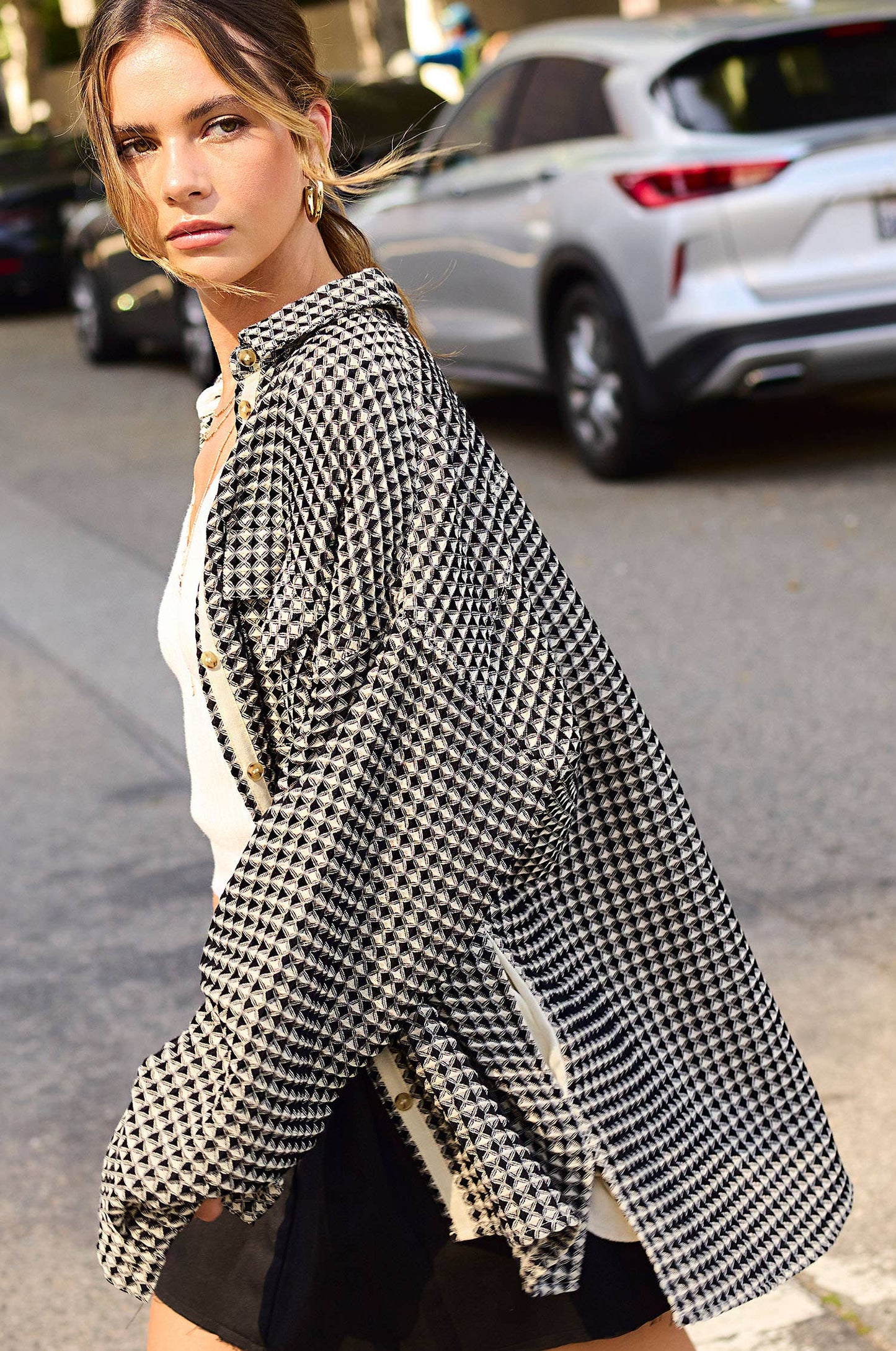 Unique Waffle Textured Oversized Button Down Shacket