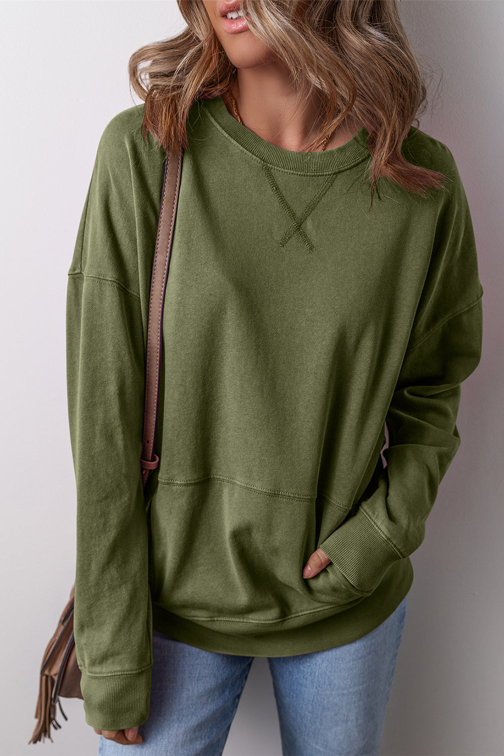 Rose Red Kangaroo Pocket Loose Fit Drop Shoulder Sweatshirt