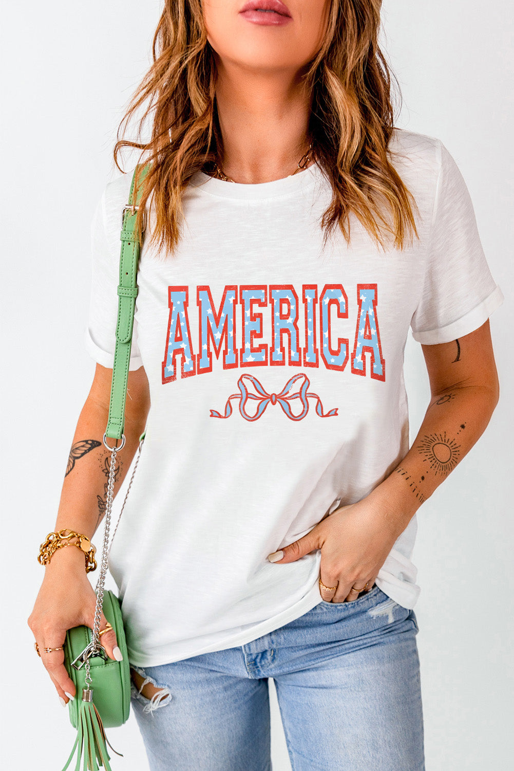 White Casual AMERICA Bow Knot Graphic Crew Neck Tee