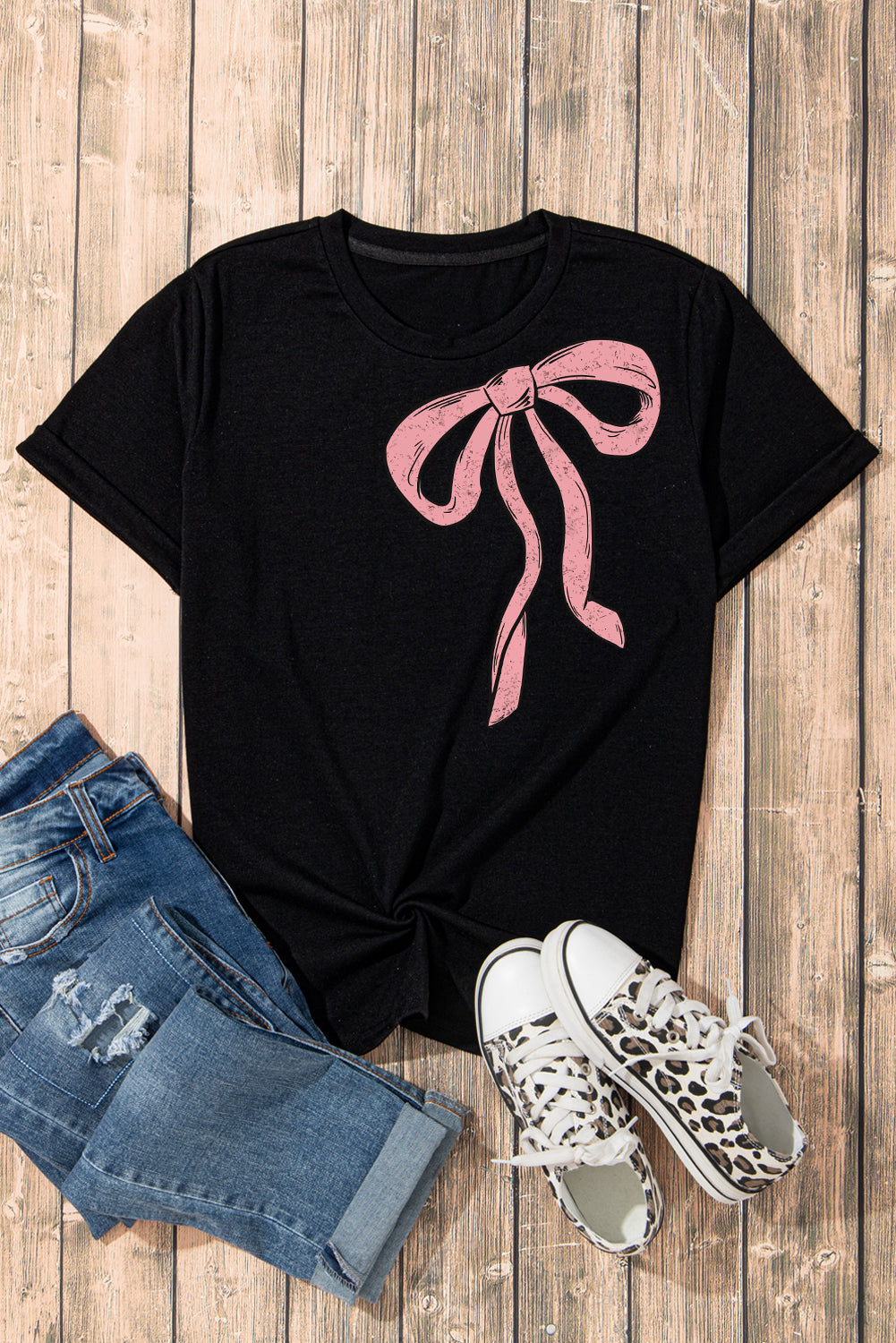 Black Bowknot Graphic Crew Neck Tee