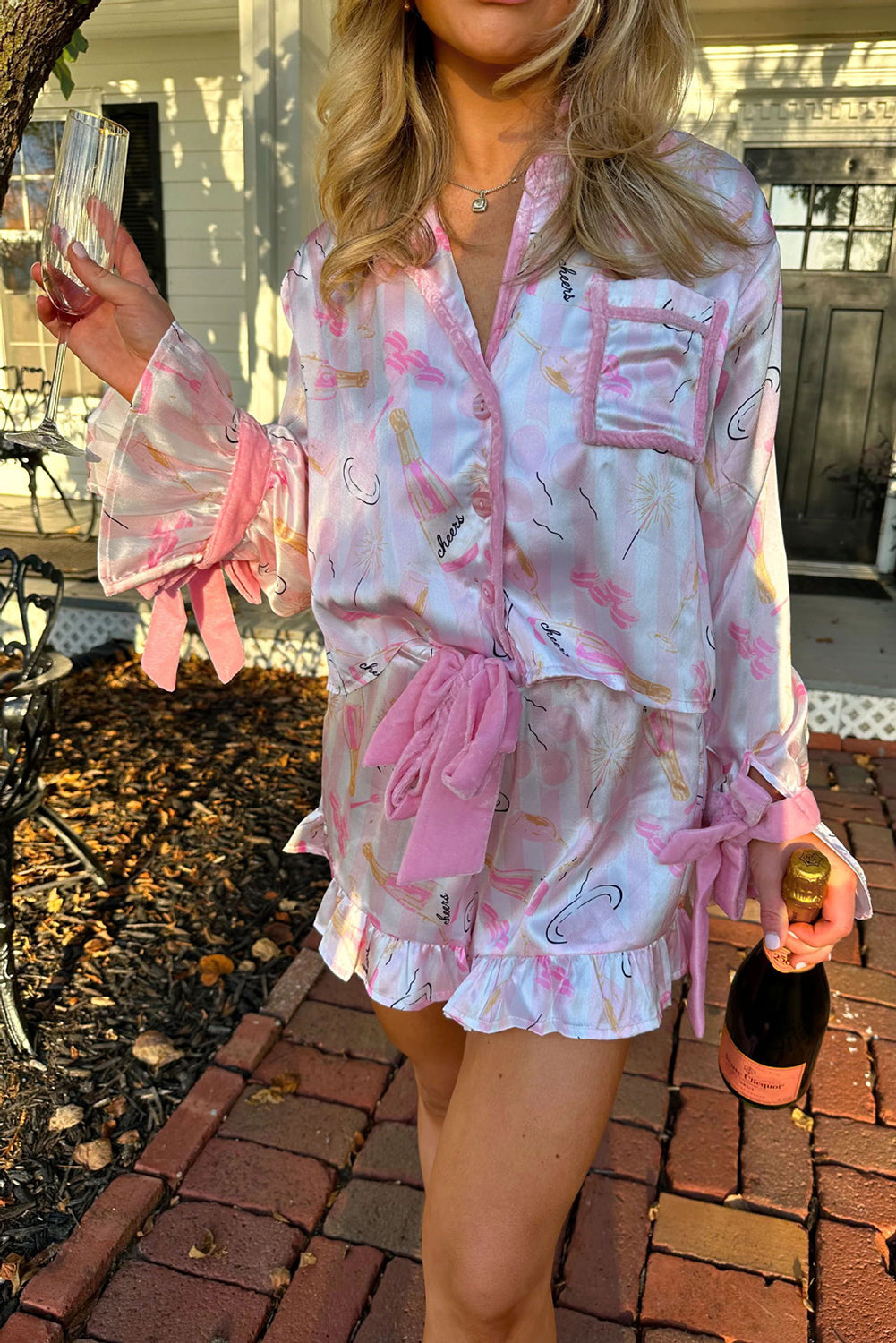 Pink Goblet Print Bell Sleeve Shirt Ruffle Shorts Pajama Set