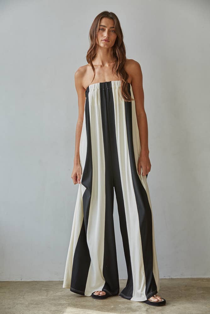 Knit Viscose Spandex Striped Tube Wide Leg Jumpsuit